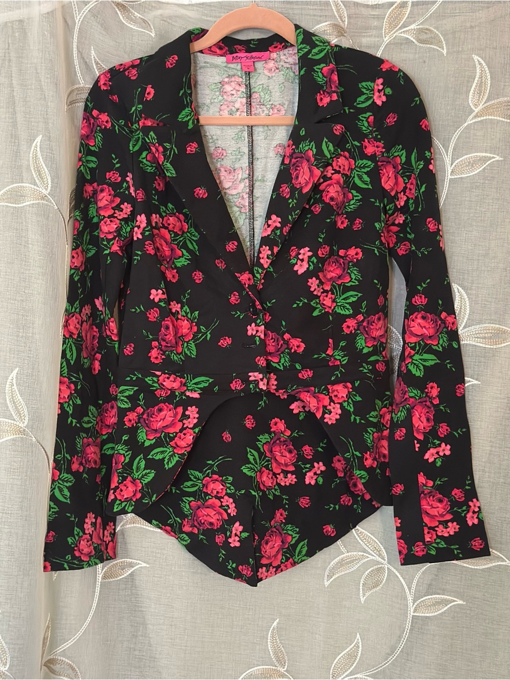 Betsey Johnson Black Pink Rose Floral Ruffle Blazer Size M